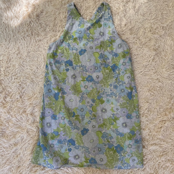 MNG Floral Cross Back Mini Dress 100% Cotton Blue Green SZ XL built in bandeau - Picture 3 of 8